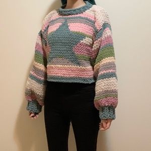 Pink Gray Tan Green Striped Star Graphic Chunky Chenille Knit Crop Sweater Y2k